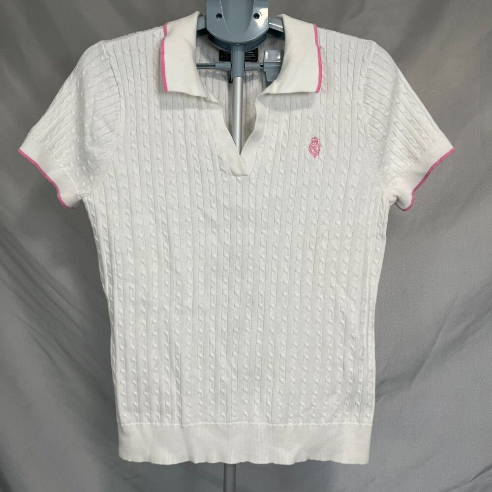 L-RL Lauren Active Polo Shirt Womens XL White Pink‎ Logo Cotton Cable Knit Golf